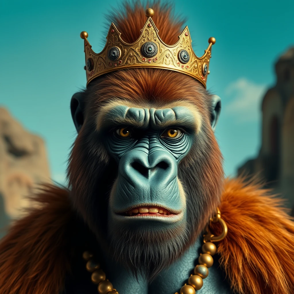 King Fierce Gorilla Next to a Cute Ginger Russian Green-Eyed Bangs Hair Teenage Princess Vintage Style - Image