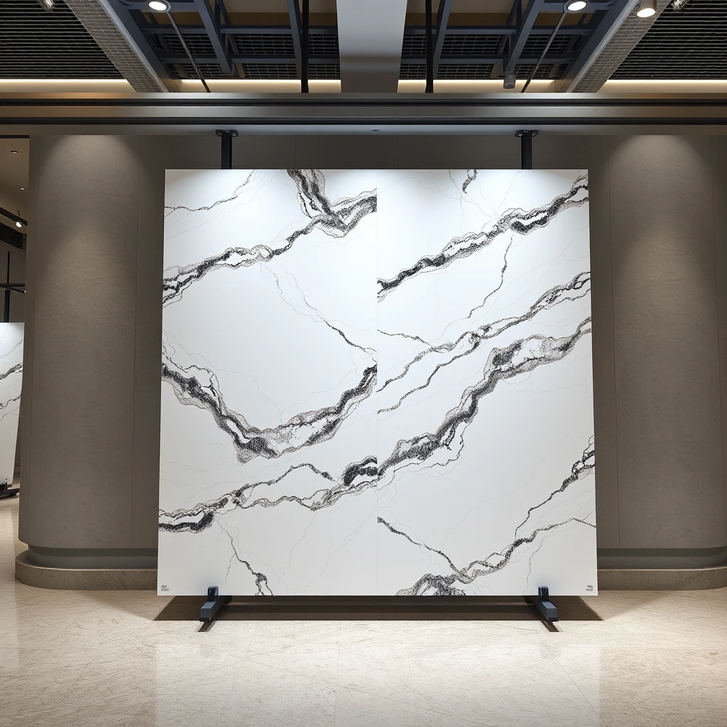 Smart, stylish automated display system that can hold large 4-meter-sized polished marble panels, enabling the marble panels to be carried on overhead rails and automatically arranged into an L-shaped bookmatch format for the best viewing experience.