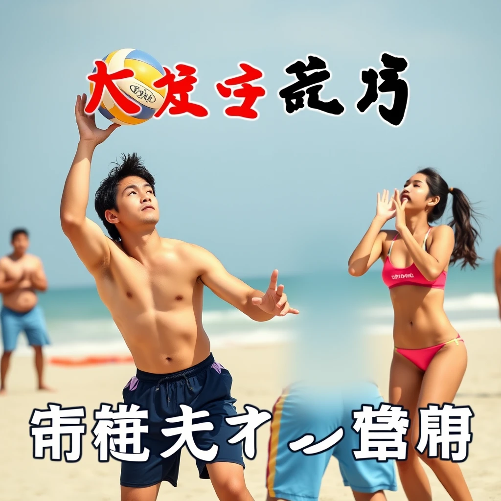 "Men and women are playing beach volleyball, with Chinese characters or Japanese language."