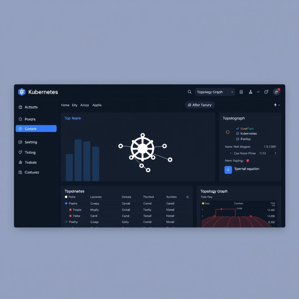 Minimal Kubernetes dashboard UI, dark mode, flat design, best practices, color theory, topology graph view. - Image