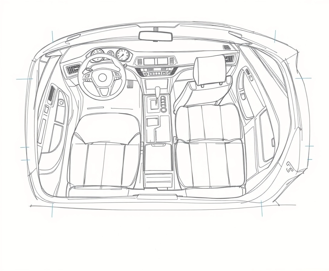 Create a detailed sketch of a car's interior, focusing on the layout and design without including any installed hardware components. The sketch should clearly show the following elements:

Driver's Seat:

Position and design of the driver's seat.
Passenger Seats:

Layout and arrangement of passenger seats in the vehicle.
Dashboard:

Design and placement of the dashboard, including locations for the steering wheel, instrument cluster, and any standard controls or displays.
Steering Wheel:

Position and design of the steering wheel.
Center Console:

Design and layout of the center console, including areas for gear shift, climate controls, and storage compartments.
Doors and Armrests:

Design and placement of the door panels and armrests.
Trunk Space:

Layout of the trunk area.
Windows:

Placement and design of windows.
Interior Lighting:

Locations of interior lights.
The sketch should provide a clear and accurate representation of the car's interior layout and design, without depicting any specific hardware or components. - Image