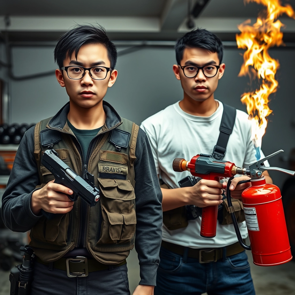 21-year-old white thin long-faced young northern Chinese man with a square chin, wearing square glasses, holding a pistol, "medium/long length hair"; 21-year-old white Italian/Caucasian man wearing round glasses and short hair holding a very large fire extinguisher flamethrower; garage setting; both angry and wearing a military vest.