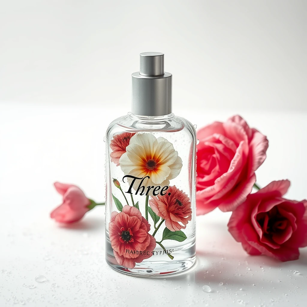 Realistic photography, limited edition glass cosmetic bottle from Paris, the glass bottle is printed with "Three" and representative floral images, on a white background, with dew on the bottle's surface, featuring epic visual effects and exquisite printing technology, intricate details, and rich details.