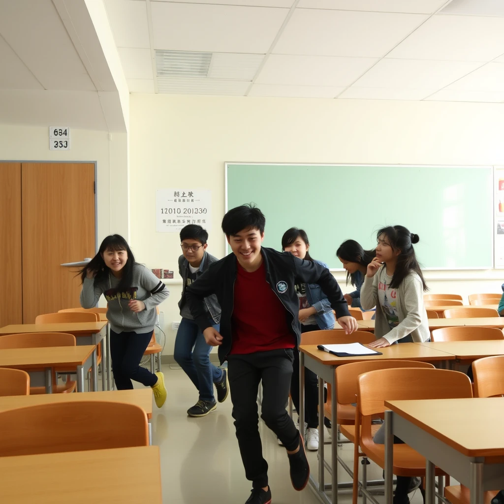 In the classroom, during the break, Chinese students are chasing and playing around. - Image