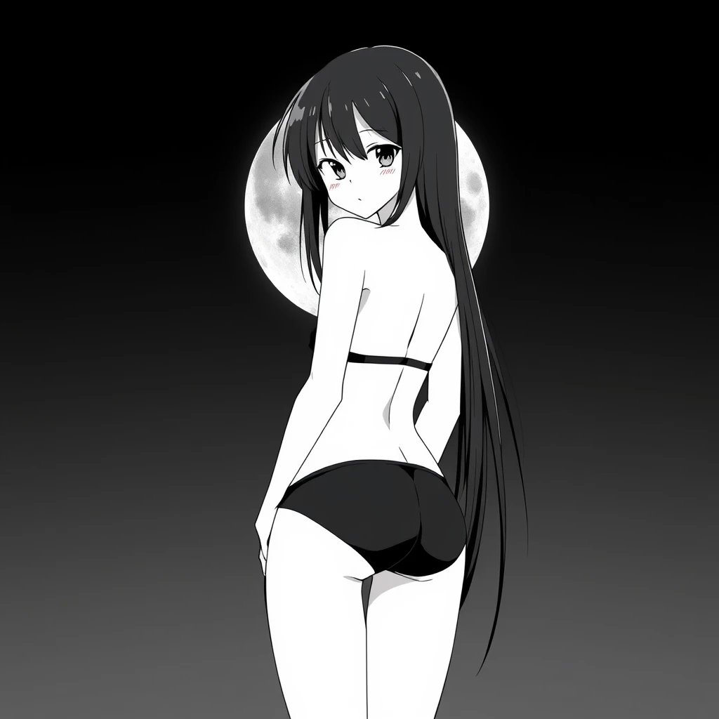 Slim, tall girl with long, black hair and wearing a simple black bikini. She is facing the viewer and it is night. In the background, a black sky with a big, bright moon. Manga style, grayscale.