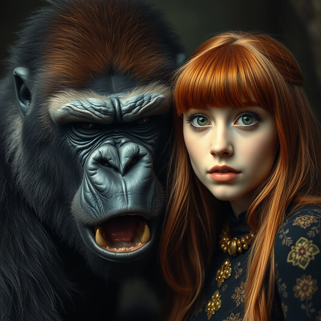 King fierce gorilla next to a cute ginger Russian green-eyed bangs-haired teenage queen in vintage style. - Image