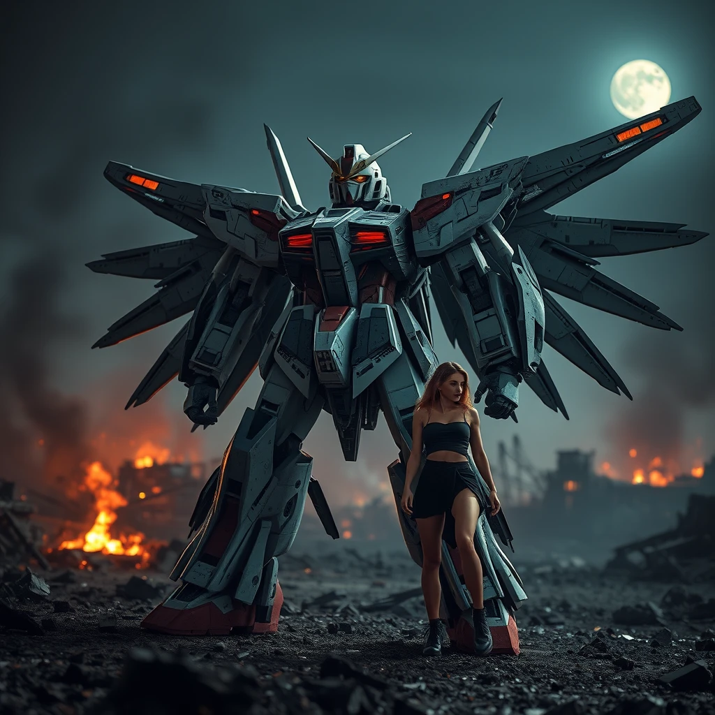 Hype realistic Gundam Wing mech standing in a dystopian battlefield, realistic reflections, battle damage on the Gundam, smoldering ruins, 8k, cinematic, dynamic camera angle, atmospheric lighting, dark and gritty, moonlight, realistic surfaces, sharpened image, bokeh, depth of field, female pilot by the Gundam's foot in ripped clothing. - Image