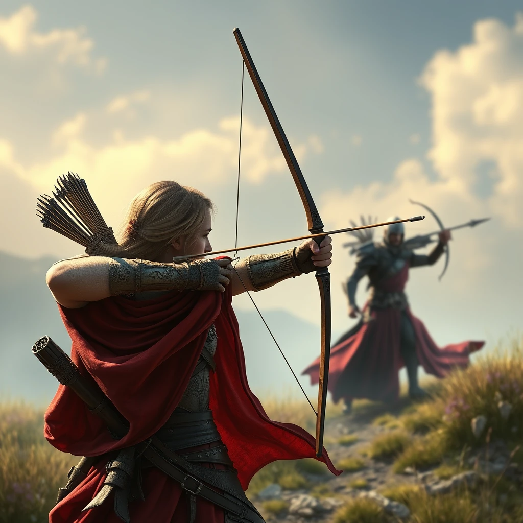 Photo realistic: Fantasy heroine with a red cloak aiming with a longbow at a distant fighter. - Image