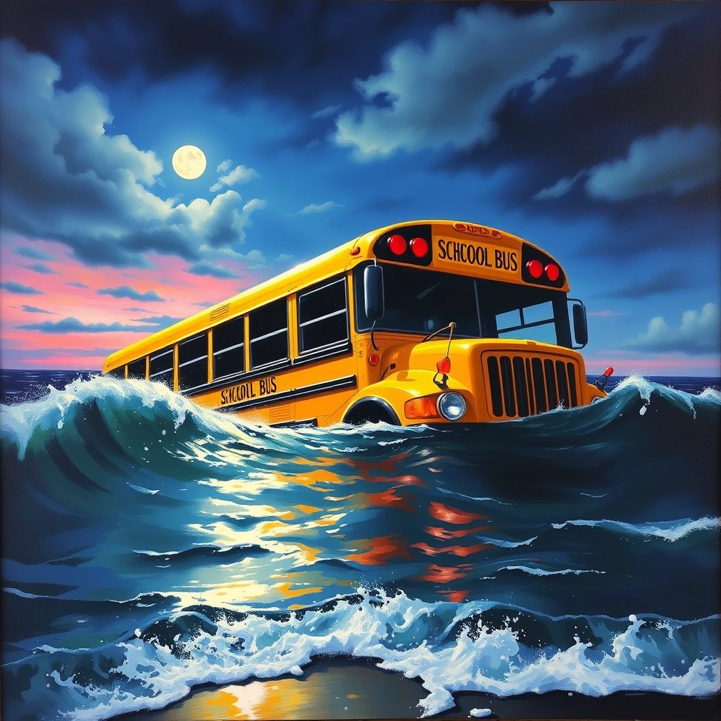 "plein air painting" "school bus sinking in the ocean" high key lighting - Image