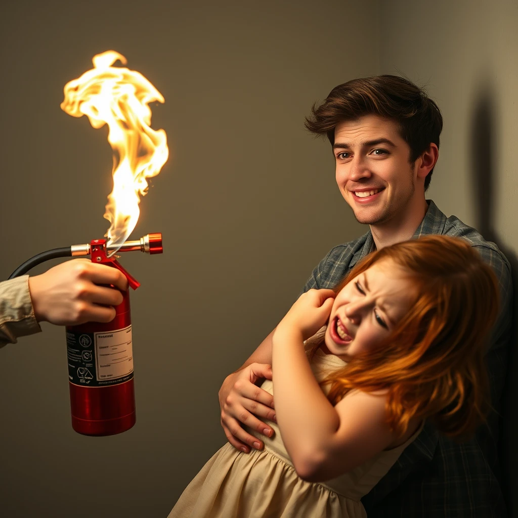 20-year-old smiling white Italian man firing "fire extinguisher flamethrower" at "screaming green-eyed redhead girl in fetal position, crying." - Image