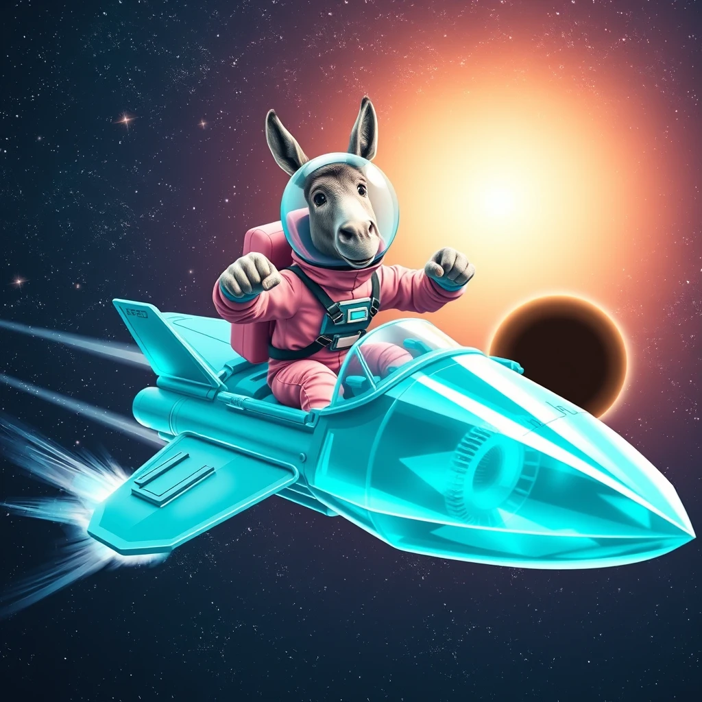 An ambitious donkey wearing pink astronaut costume, riding on a crystal stunning cyan spaceship, making a punching gesture, flying to the outerspace under a clear night sky with lots of shining stars, passing by a huge black-hole. Realistic style. - Image