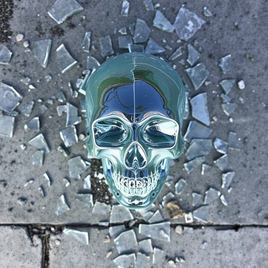 Shattered glass on the ground seen from above forming a skull.