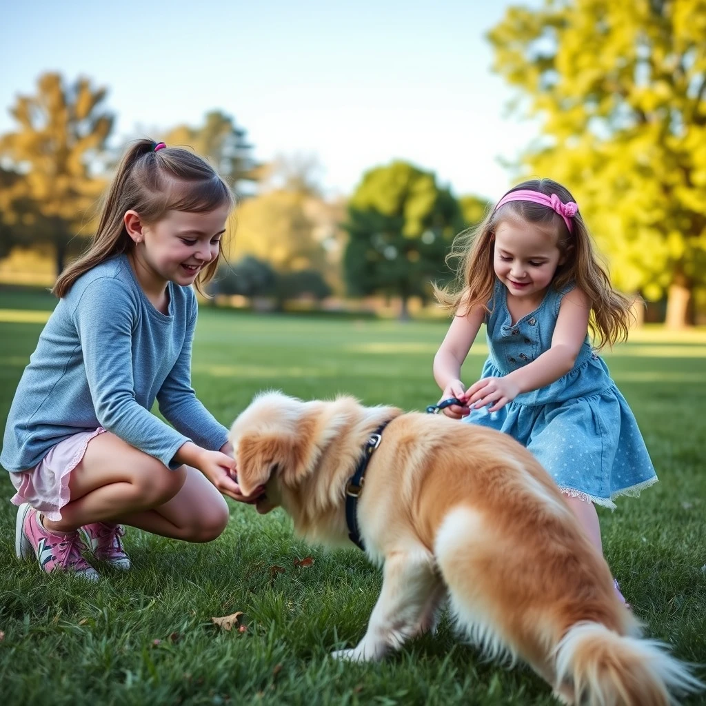 Two girls (10 and 4 years old) playing fetch with a golden retriever in a park. - Image