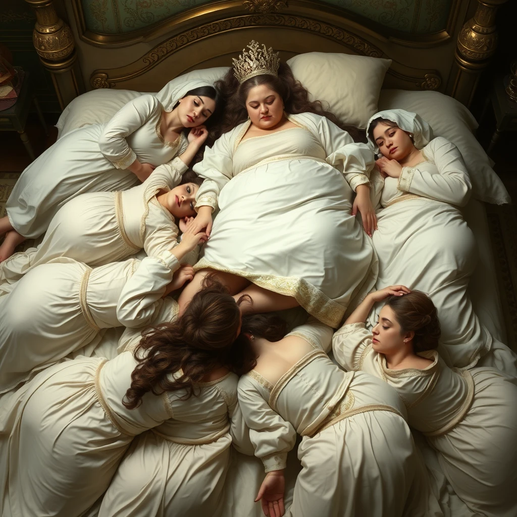 A group of palace maids lies down to form a human bed with their bodies, while the plump empress rests on top of them.