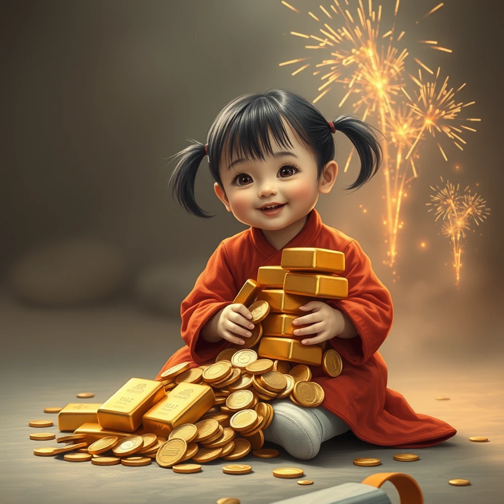 A little girl is sitting on the ground holding a pile of gold bars and coins. She has two pigtails and is wearing red clothes. There are firecrackers. - Image