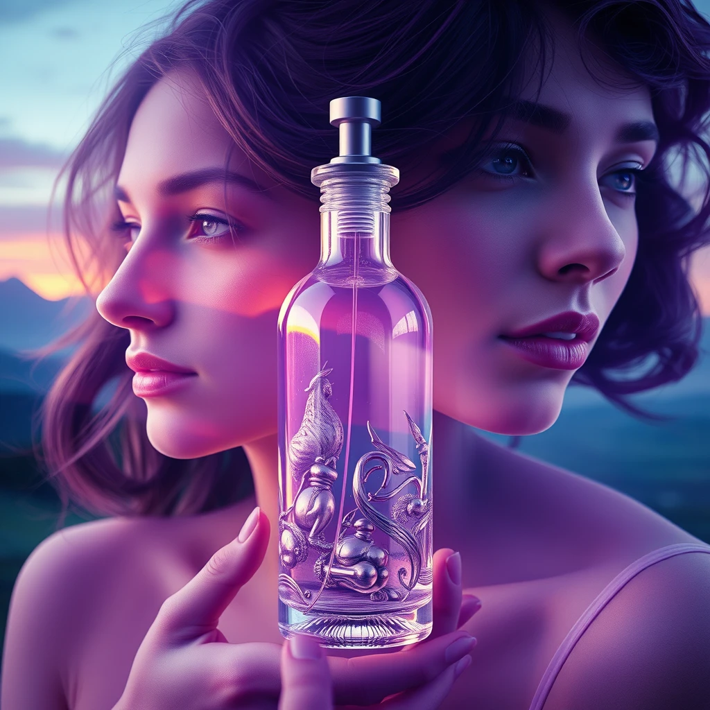 Multiple exposure, the art of Alphonse Mucha, cosmetic glass bottle, violet, character design, rendering, biomechanics, science fiction, volumetric lighting, beautiful landscapes, detailed faces, dramatic colors. - Image