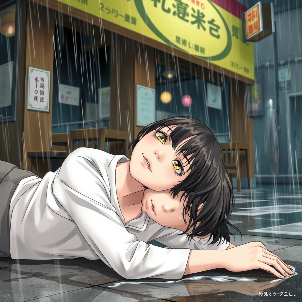 A young woman is outside a restaurant, in a storm, lying on the ground, she is drenched, with Chinese characters or Japanese. - Image