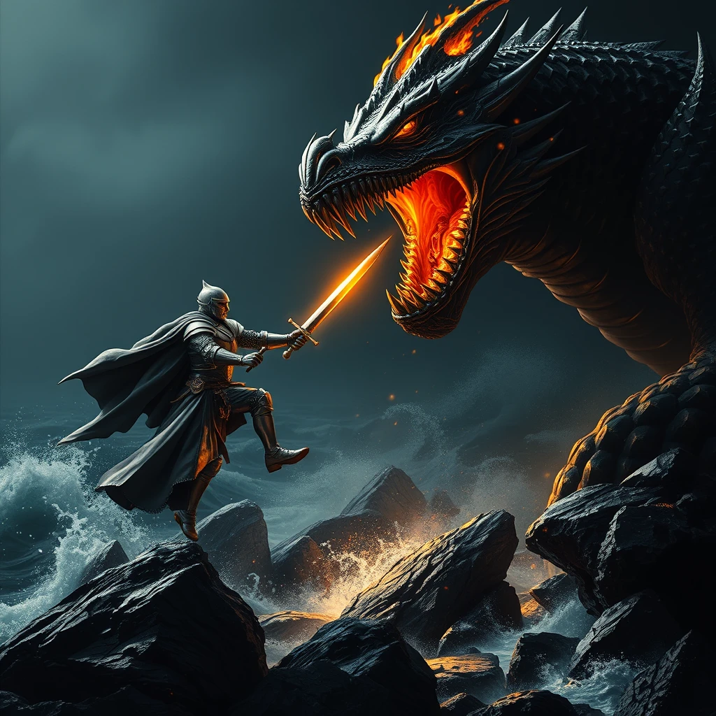 A knight in shining armor, facing a fearsome dragon, the knight is jumping towards the dragon, which opens its mouth revealing sharp teeth, flames erupting from its maw. An epic battle unfolds, with a burning sword in hand, amidst dark fantasy elements, showcasing detailed armor and shimmering scales. The dramatic lighting barely illuminates the surroundings, casting a heavy atmosphere filled with tension as the sea crashes violently against the rocks. The creature's immense size dwarfs the solitary human, a lone figure standing against the ancient, otherworldly beast. The color palette is dark, rich with deep blacks and greys, creating a high contrast, evoking a sense of dread and awe. - Image