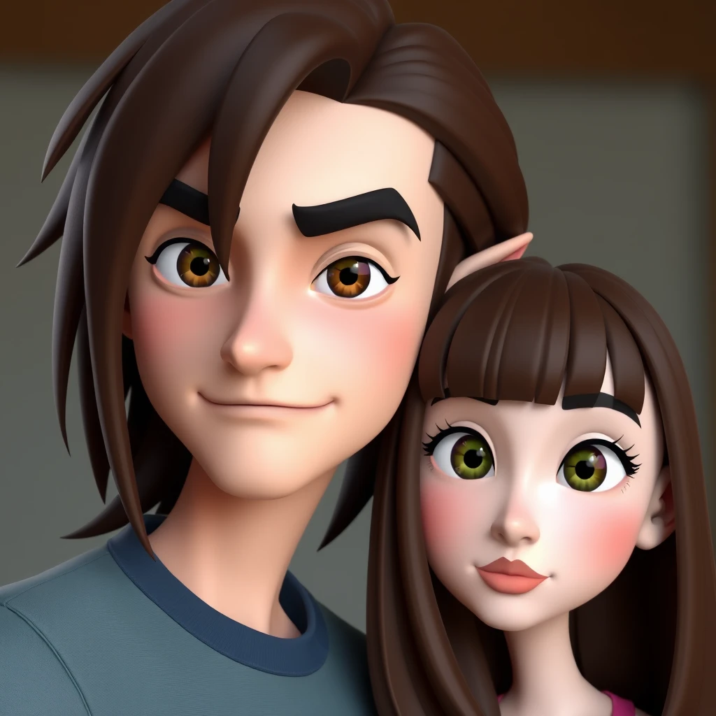 3D art style, young guy, long dark brown hair parted in the middle, sharp facial features, smirk, pale skin, light brown eyes, thick eyebrows, long eyelashes next to a cute white ginger girl, small nose, pink lips, green eyes, long bangs.