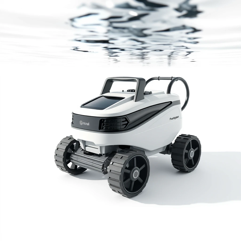 Underwater cleaner, no humans, white background, simple background, shadow, four wheels, has a handle for handling machines, screen, streamlined body, pool cleaner, pool garbage cleaning, integrated body, no steering wheel, water element, pool scene, product design, best quality, OC renders.