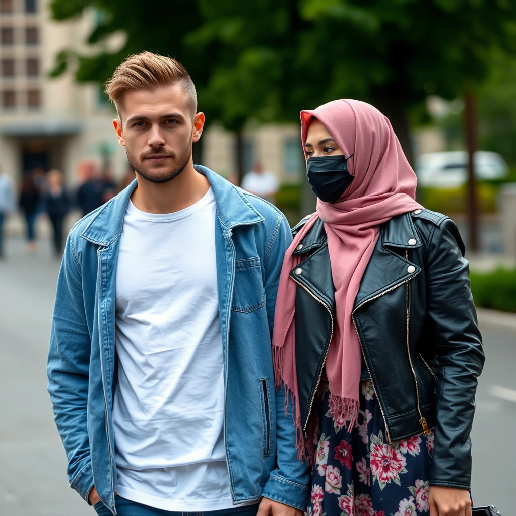 Jamie Dornan's face, hair and body shot, handsome, young, shaved, white t-shirt, blue jacket, jeans, dating love with biggest soft pink hijab, black leather jacket, face mask black, biggest floral skirt, hyper realistic, street photography.