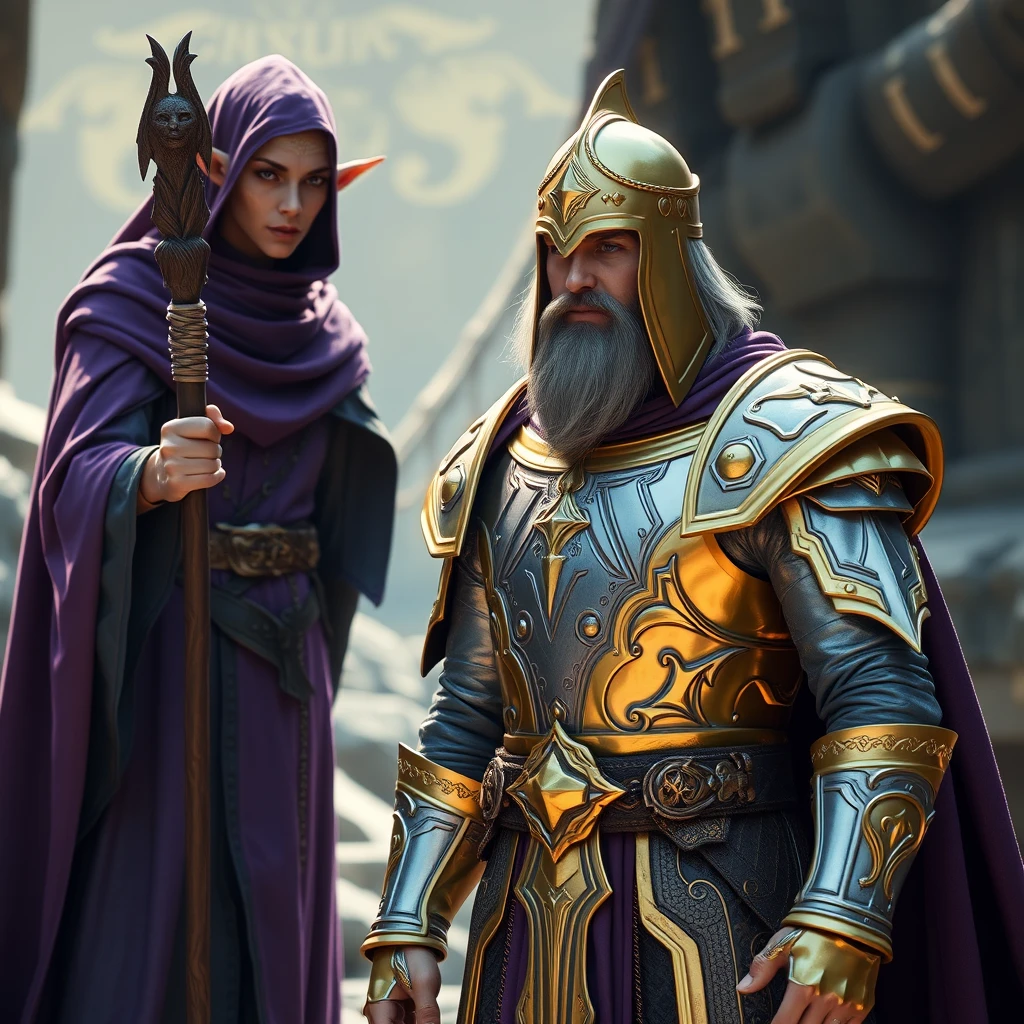 Gold and silver paladin standing in front of a purple robe-wearing elf with a staff enchanting the paladin to double in size high-def movie still. - Image