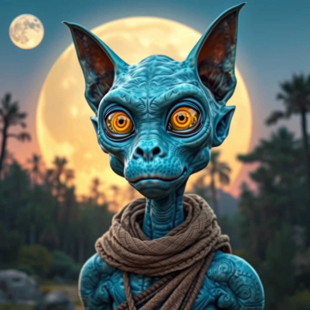 Alien with blue skin, wide nose, large yellow cat eyes, large cat ears, Paleolithic clothes, exotic alien forest in the background, large alien moon in the sky, dusk.