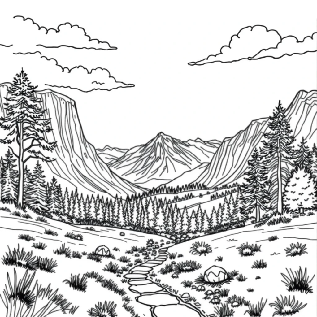 Draw a detailed image of a landscape scene, rendering it as a coloring book page for teens; in black and white outlines.