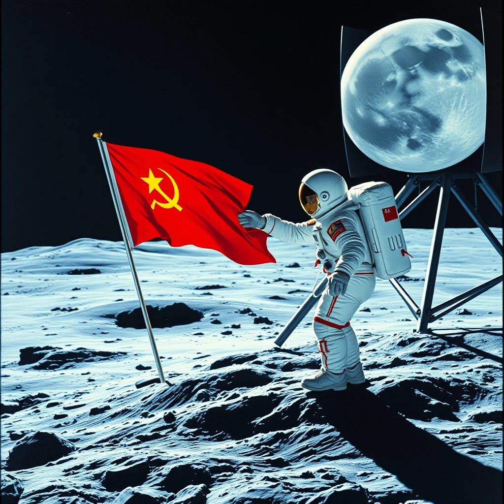 Cosmonaut putting the flag of the Soviet Union on the Moon - Image