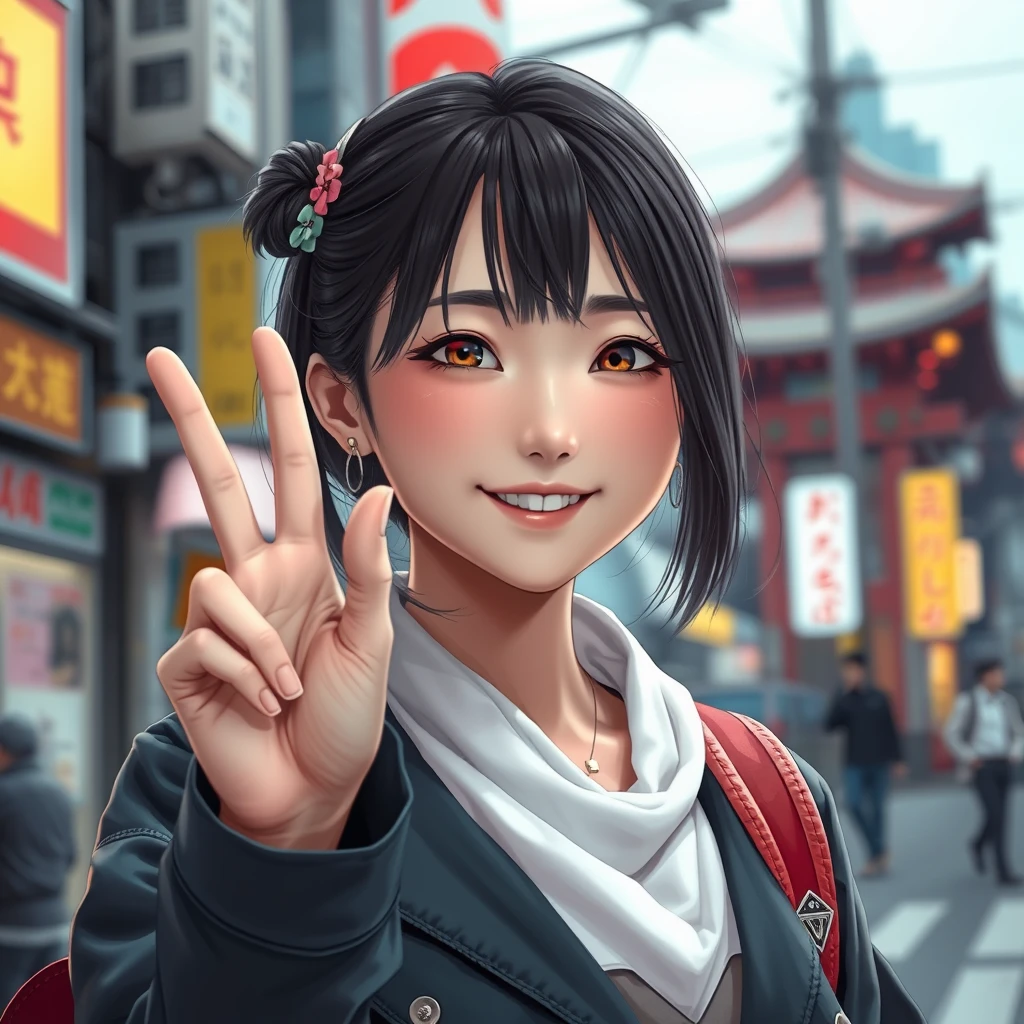 realistic photo of a Japanese girl, holding up peace hand, smiling, cyberpunk city background