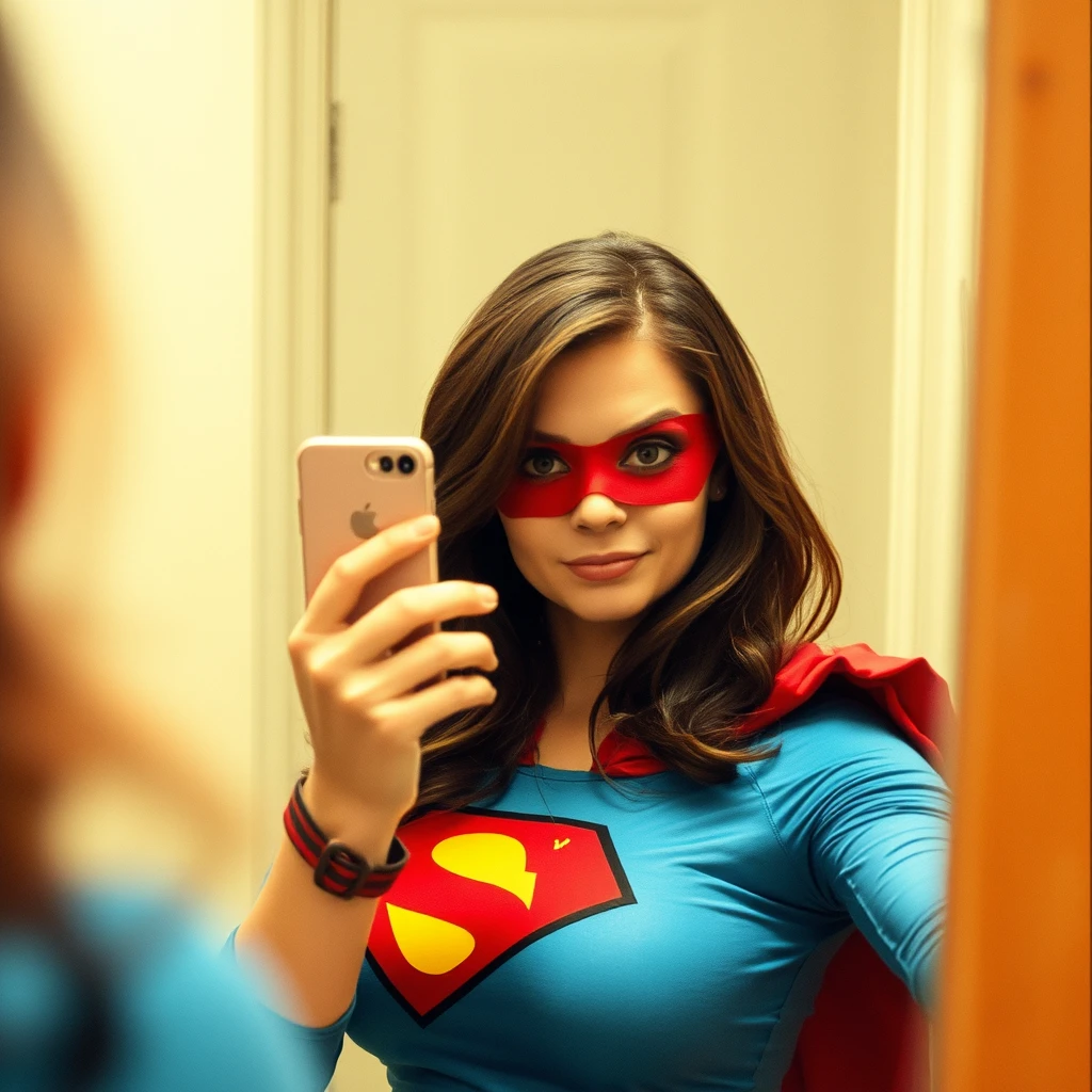 Phone photo: A woman superhero stands in front of a mirror capturing a selfie. The image quality is grainy, with a slight blur softening the details. Her expression is blushing while the old iPhone struggles to focus, giving the photo an authentic, unpolished feel. The mirror shows smudges and fingerprints, adding to the raw, everyday atmosphere of the scene.