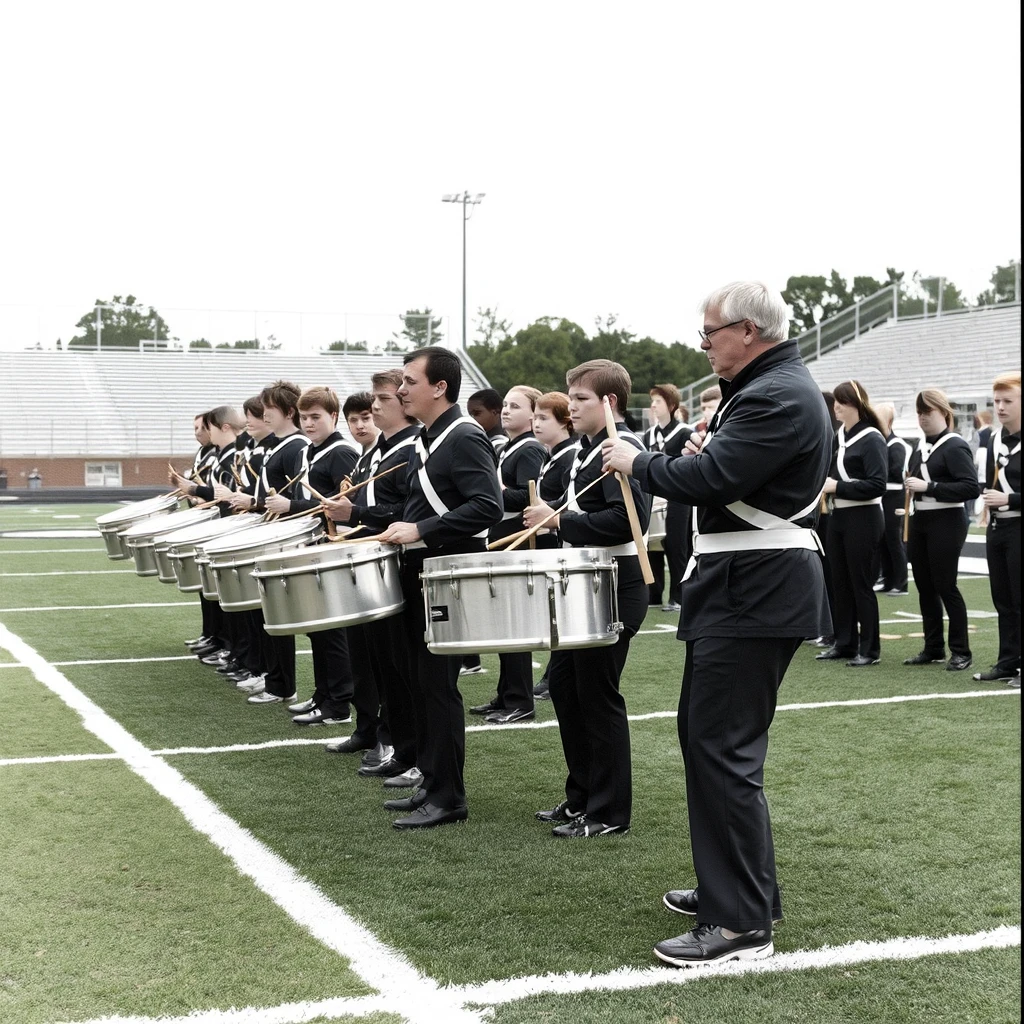 High school band cymbal section with instructor in straitjacket on football field - Image