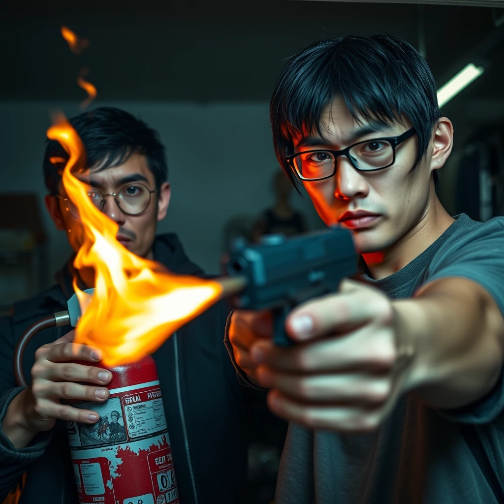 I want a 2-person set; they are two men, both 20 years old. They look really angry with a murderous intent, and the setting is a garage. The first man is a European white man; he has short black hair and wears round prescription glasses. In the scene, he is holding a very large fire extinguisher that shoots fire like a flamethrower. The second man is an Asian man; he has a thin, long face, mid to long hair with a fringe, and wears square prescription glasses. He is holding a pistol, aiming at the screen. - Image