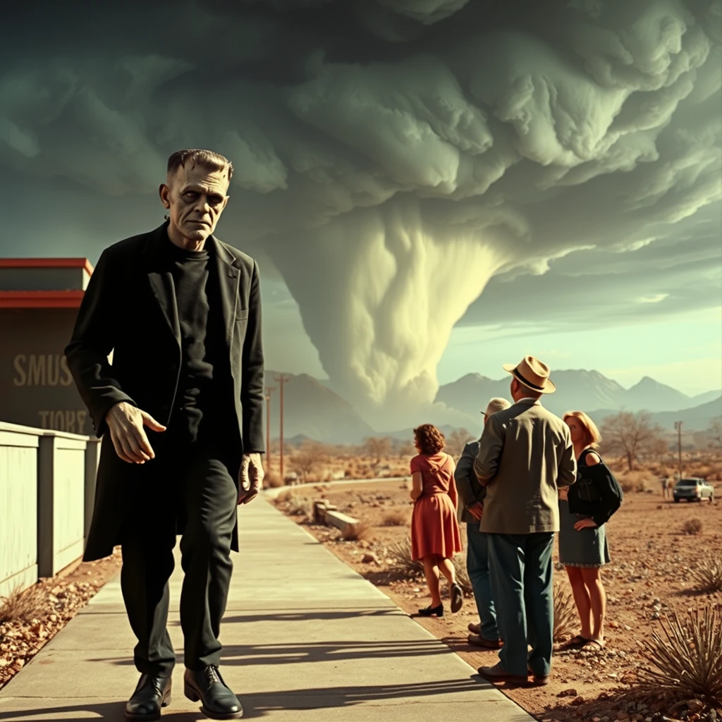 Boris Karloff as Frankenstein with short hair walks down the sidewalk; everyone looks on in amazement as a storm approaches across the desert. Photo-realistic, aggressive, 4k. - Image