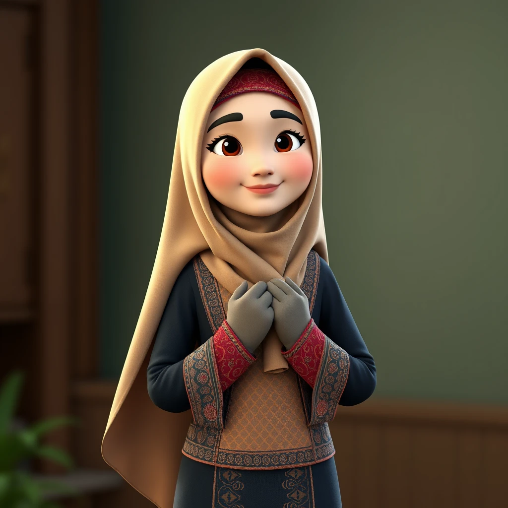 A 3D, 8k animated cartoon depiction of a Muslim woman from Palembang, wearing a traditional long songket and a long gown (gamis). She is adorned with a hijab that covers her chest and wears batik gloves covering her hands. - Image