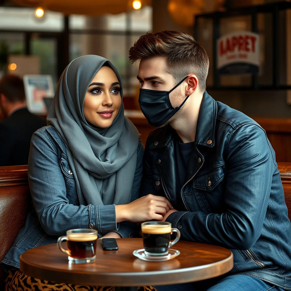 Jamie Dornan's head and body shot, handsome, black face mask, blue jeans jacket, jeans, dating a Muslim girl in a grey hijab, beautiful eyes, black face mask, black leather jacket, the largest tiger pattern skirt, at a cafe, 2 cups of espresso on a table, photorealistic.