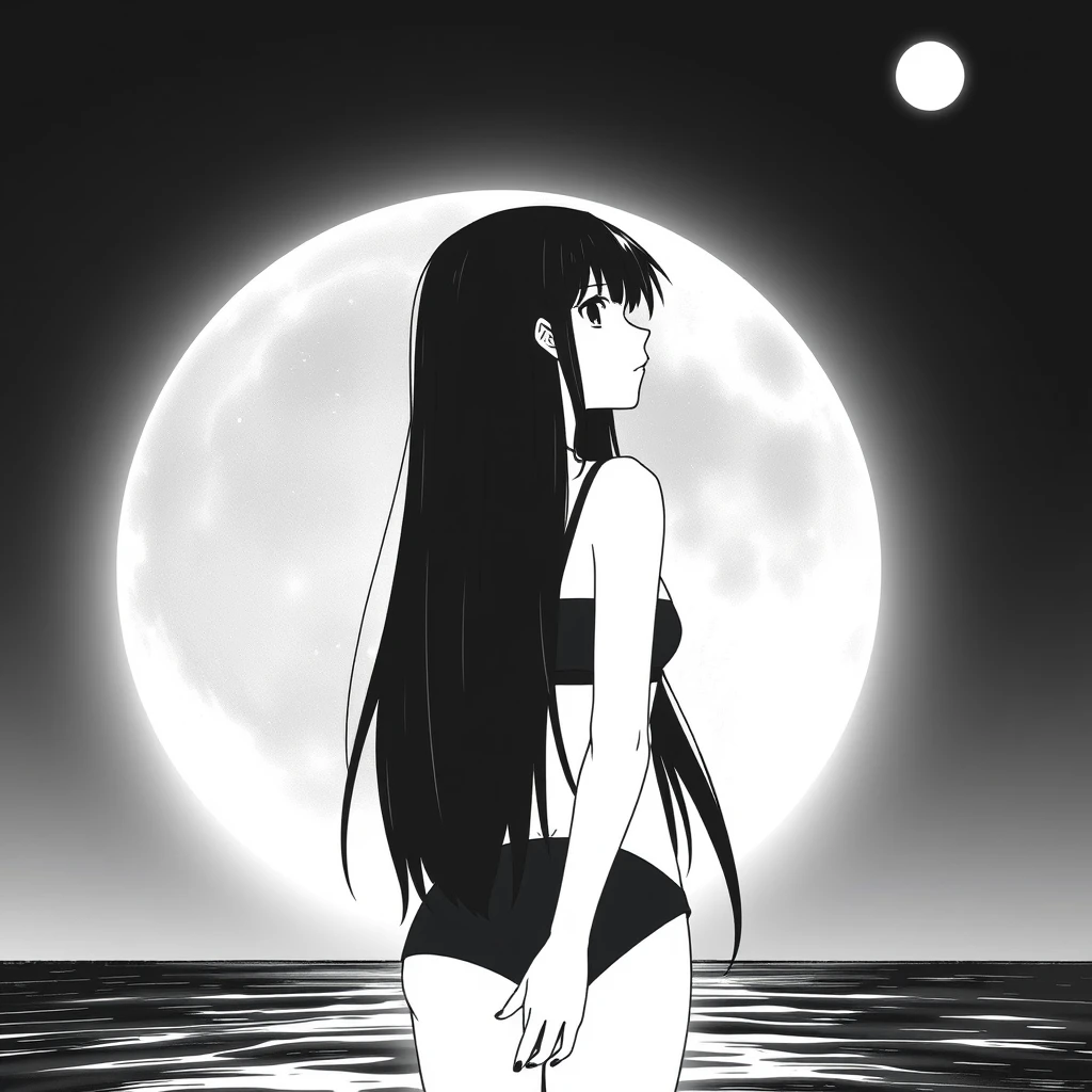 Girl with long, black hair in a black bikini. In the background, a black sky with a big, bright moon. Manga, grayscale. - Image