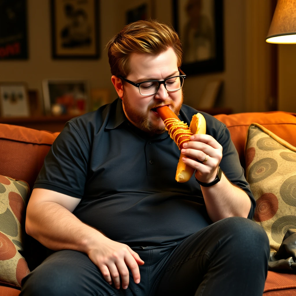 J.D. Vance is eating a hotdog while sitting on a couch.