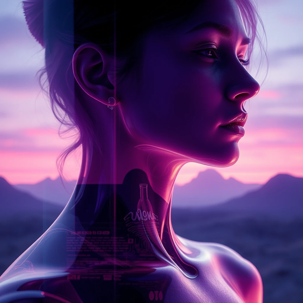 Multiple exposures, the art of Alphonse Mucha, cosmetic glass bottle body, violet, character design, rendering, biomechanics, science fiction, volumetric lighting, beautiful landscapes, detailed face, dramatic colors. - Image