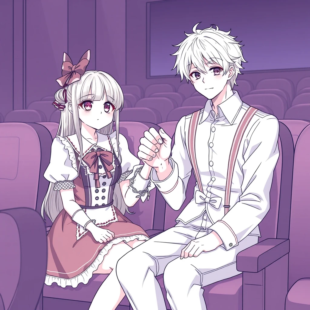 Anime pure lineart, beautiful girl dressed in a Lolita costume and handsome tall boyfriend, sit in cinema, one hand shaken. - Image