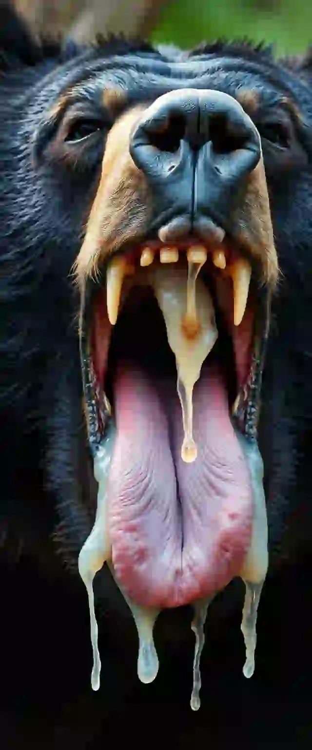 The black bear opens its mouth, which is very large, revealing sharp teeth that are very pointed. Its tongue is drooling, with a lot of saliva filling its mouth; the saliva is white with hints of yellow and red mixed in, making its fur damp. The veins in its mouth can be seen, and there are multiple tongues, depicting the internal details of the throat. - Image