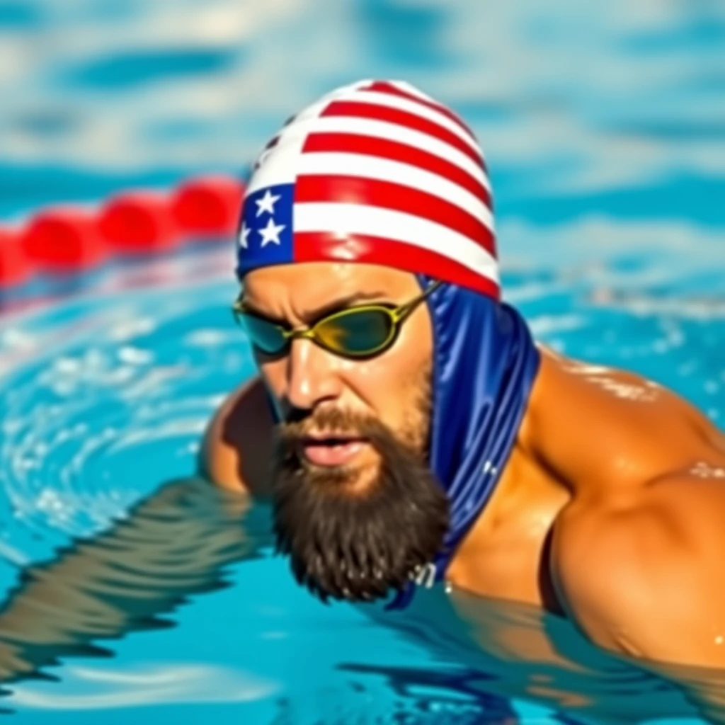 "Thanos swimming, wearing a swimming cap with the American flag."