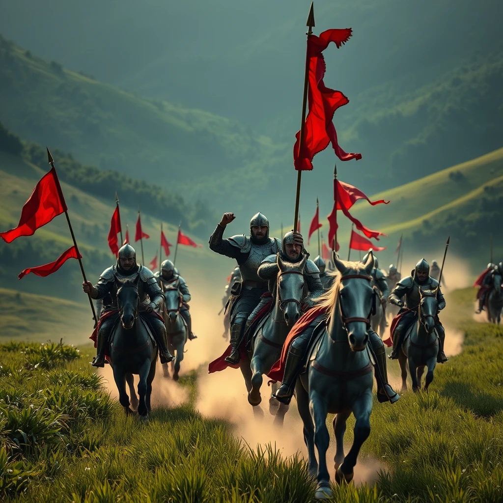 [Medieval knights] charge movie scene cinematic still: [Medieval knights riding down a green lush valley at dawn, cavalry running compact behind their Lord, he's raising the spear and shouting, savage cavalry charge, swords, spears, armor, red flags on spears, red fabric extensions, dark silver armor shining]. [Wide framing, cinemascope]. Group action, Editorial quality, Motion blur, adrenalinic action posture, dust flying. Blowing wind, War movie scene, in the style of [James Cameron], uhd, hdri, 4k --chaos 7 --ar 16:9 --stylize 500 --v 6.1