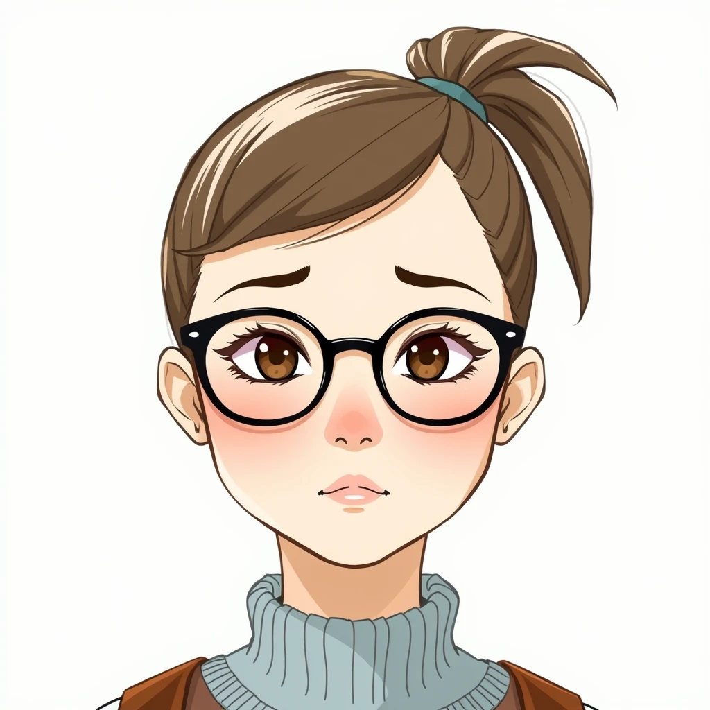 Girl, round face, thick-framed glasses, single ponytail. - Image