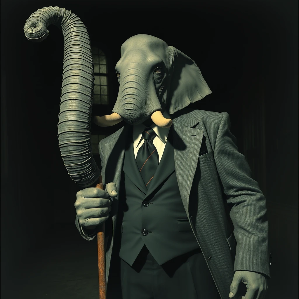 A large elephant man in a suit holding a cane with the feeling of a mob boss in a dark room.