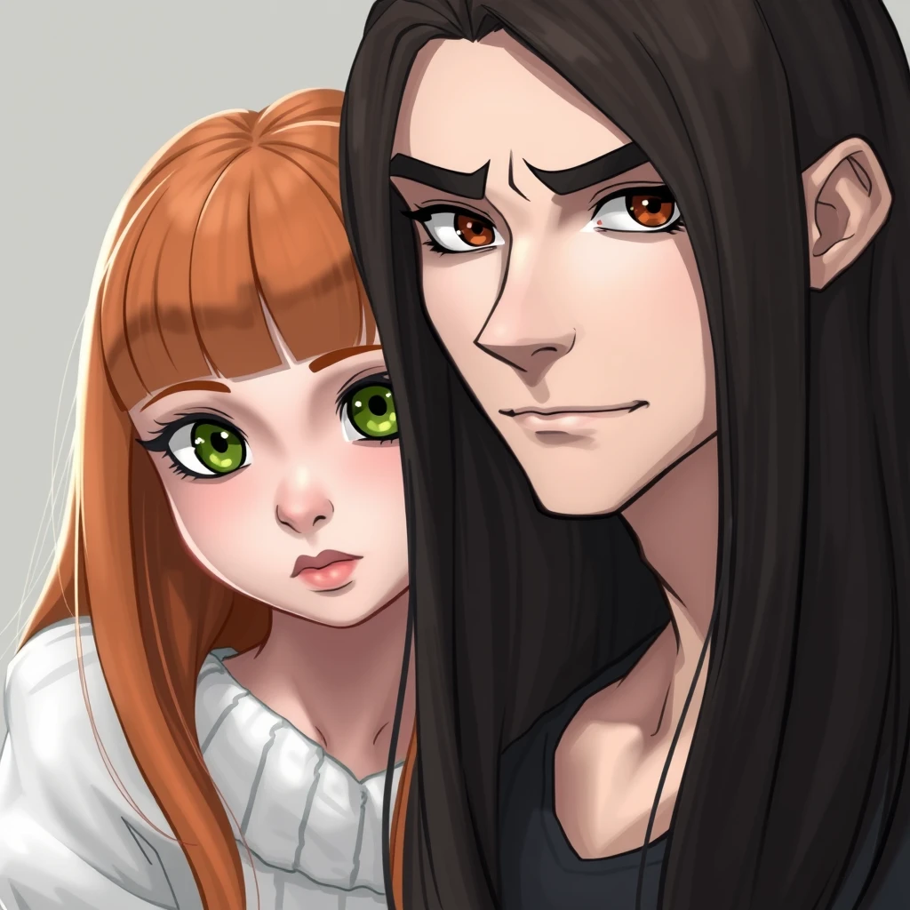 Young guy with long dark brown hair parted in the middle, sharp facial features, smirk, pale skin, light brown eyes, thick eyebrows, and long eyelashes next to a cute white ginger girl with a small nose, pink lips, green eyes, and long bangs.