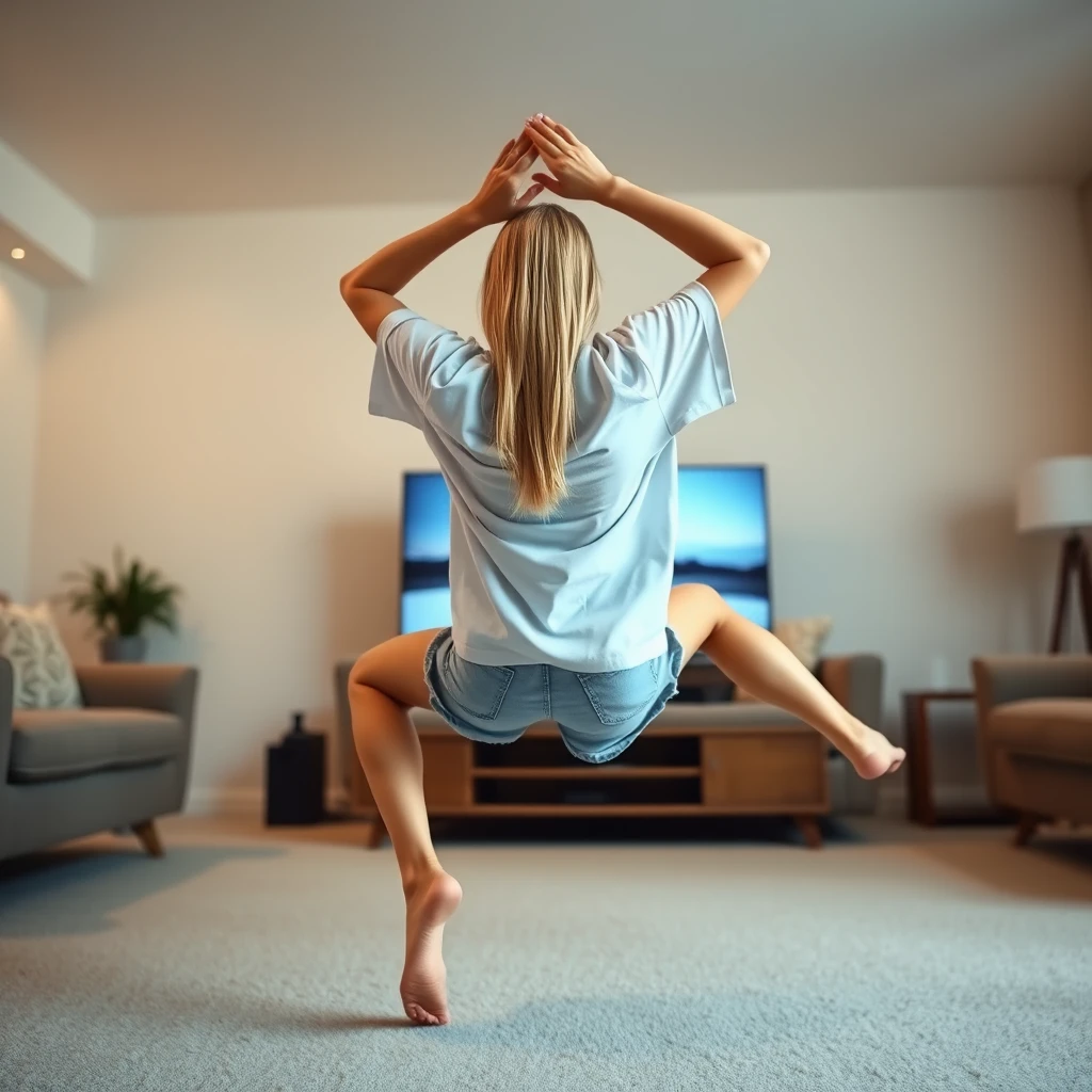 Side view angle of a blonde skinny woman in her spacious living room, wearing a massively oversized white t-shirt that is also very unbalanced on one of the sleeves, along with oversized light blue denim shorts. She is barefoot and facing her TV. She dives headfirst into it, with both arms raised under her head and her legs high in the air, positioned at a 60-degree angle, already halfway through the TV screen. - Image