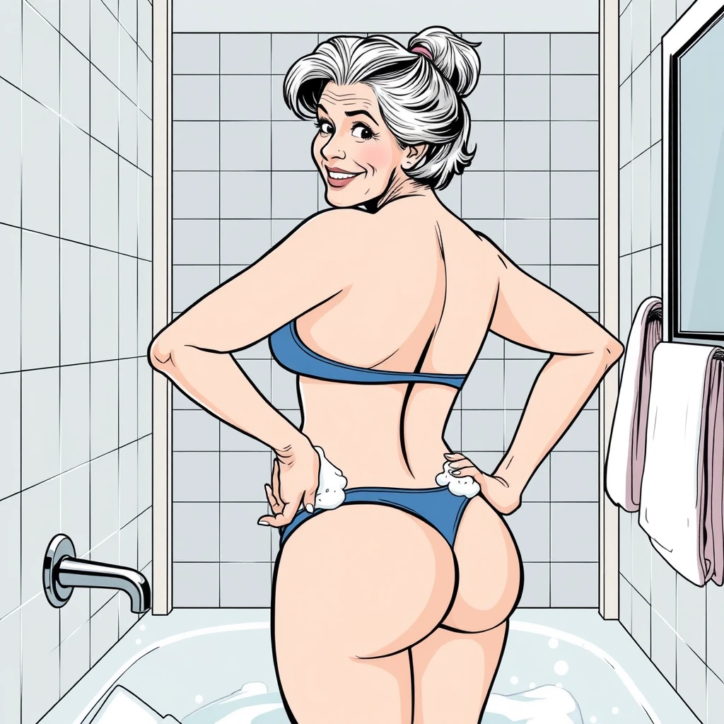 Comic lineart: In the bathroom, a mature woman in swimwear has her hands on her hips, rubbing foam, looking back at the view and smiling. - Image