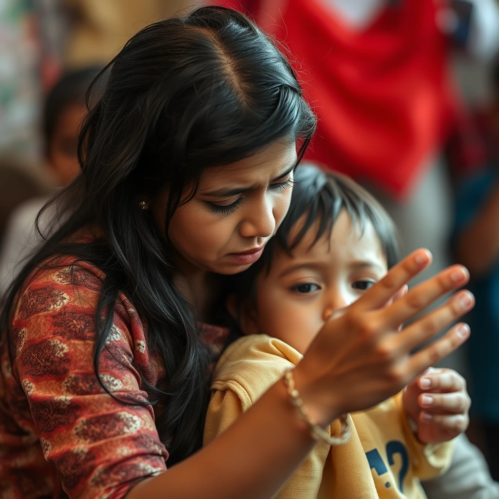 Mother cries watching kids fight. - Image