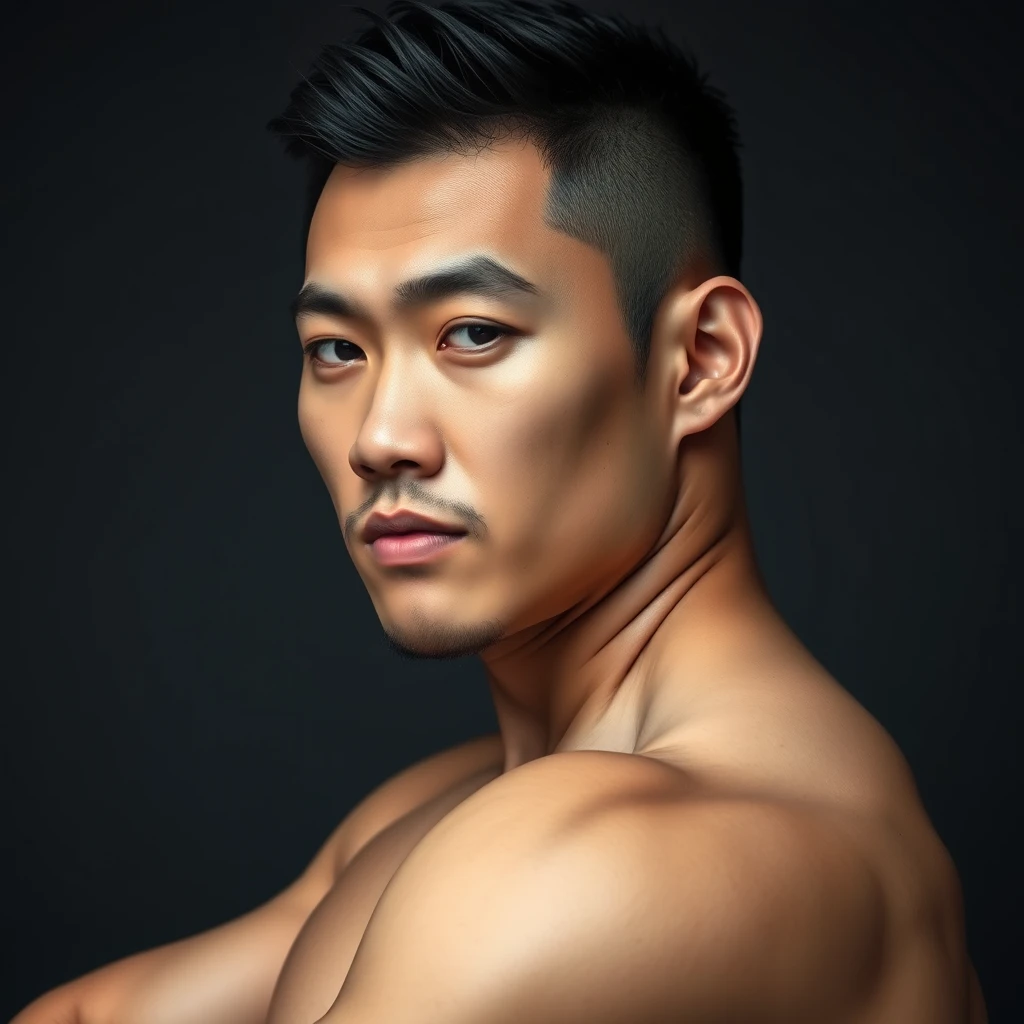 A half body portrait of a muscular, beefy Asian male, HD, 32k UHD, realistic. - Image